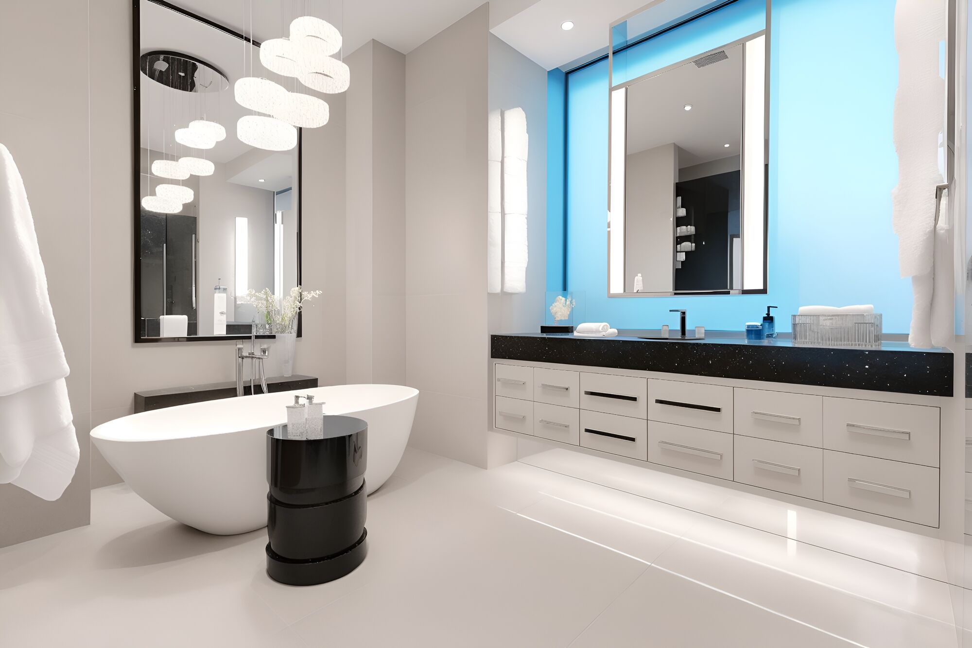Bright bathroom with a freestanding tub, a long white vanity and a lit mirror