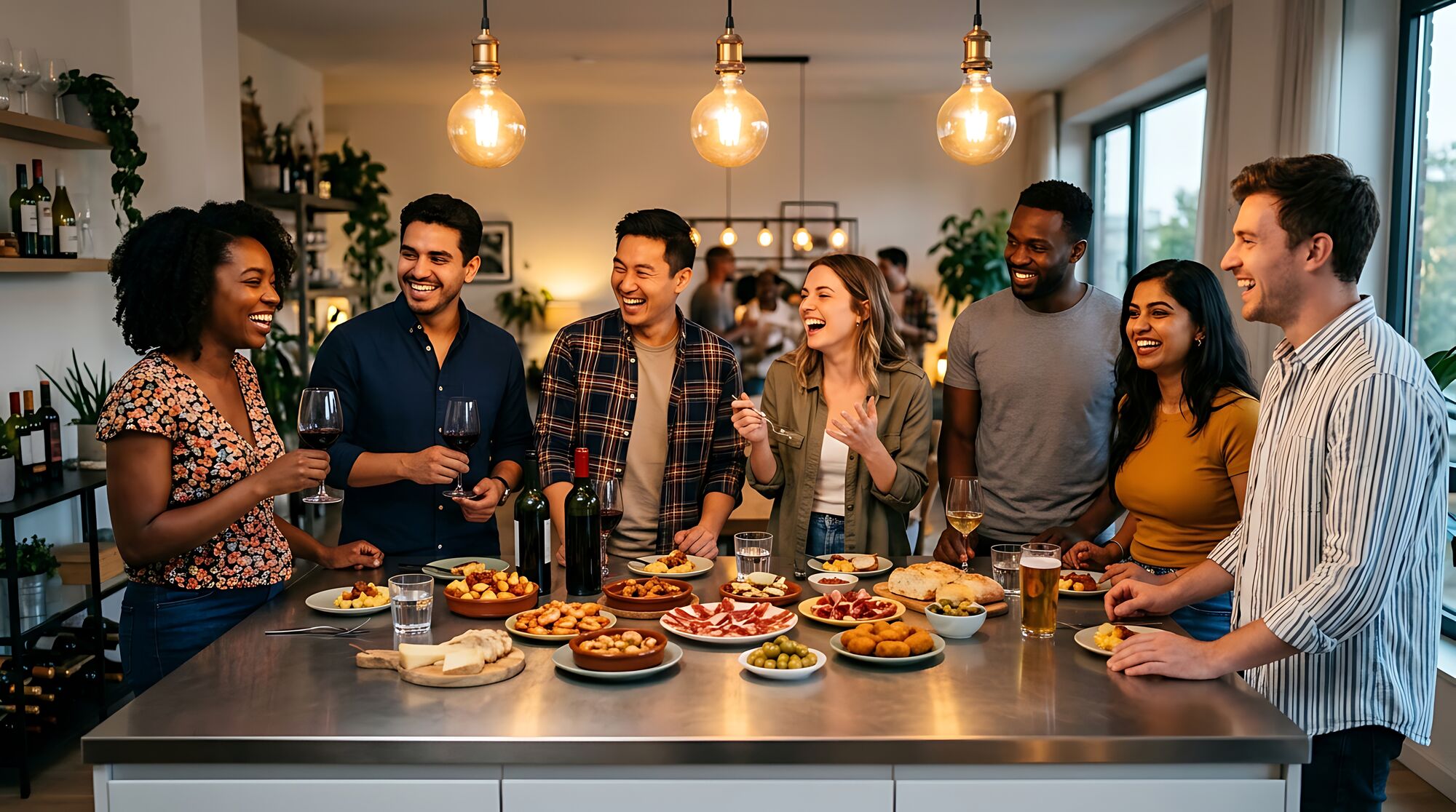 Friends gathered around a kitchen island full of food under warm pendant lights