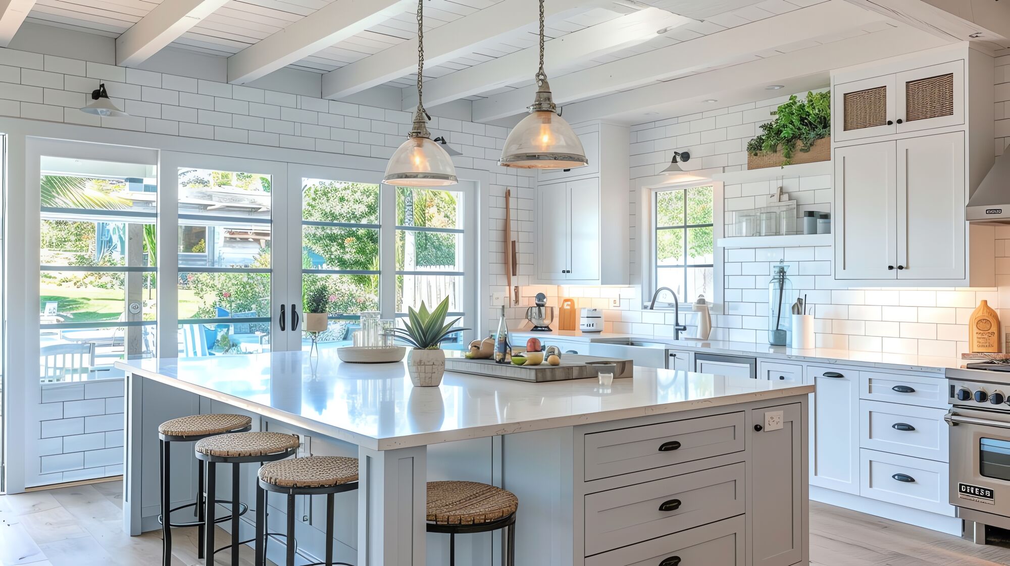 Farmhouse kitchen with white cabinets, subway tile, an island with stools and black windows