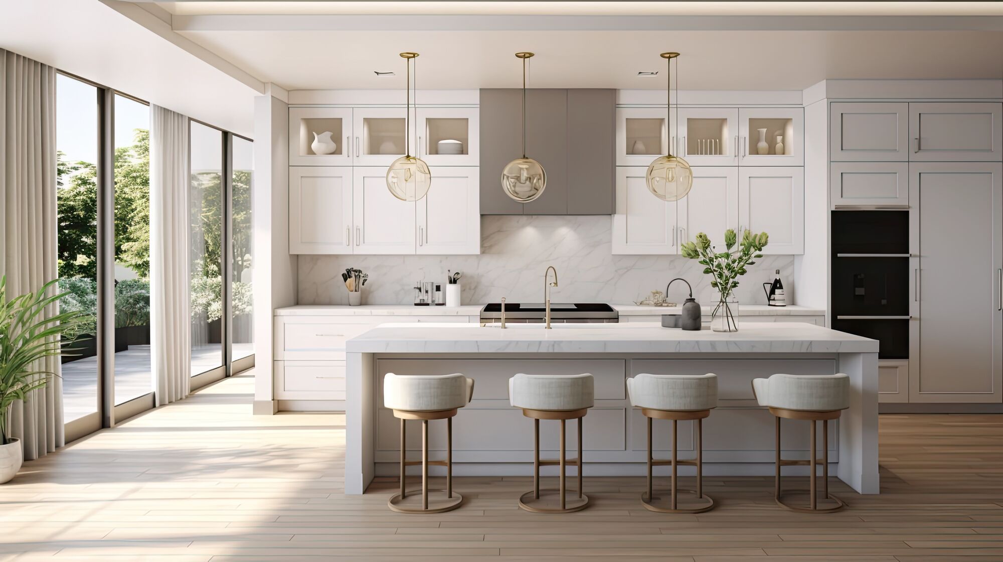 White kitchen with brass globe pendants over a long island and glass doors to the yard
